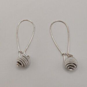Silver Tone Coiled Ball Dangle Pierced Long Wire Earrings 1.75" NEW